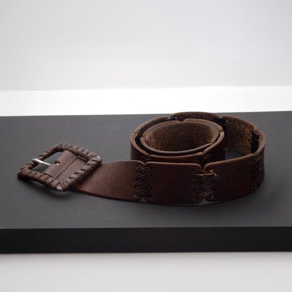 Vintage Handcrafted Leather Belt with Woven Buckle, Rustic Brown Real Leather - Picture 7 of 10